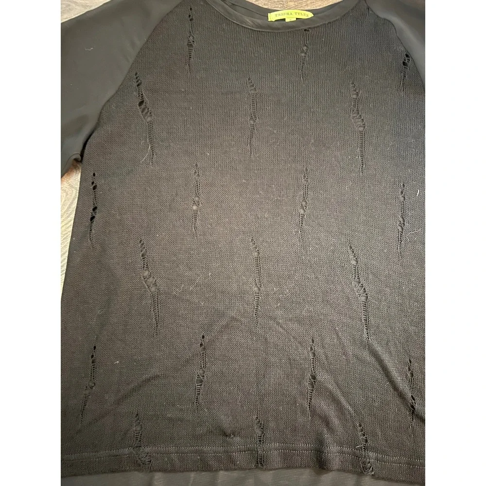 Trisha Tyler Womens Black Distressed Knit Mixed Media High Low Blouse Small